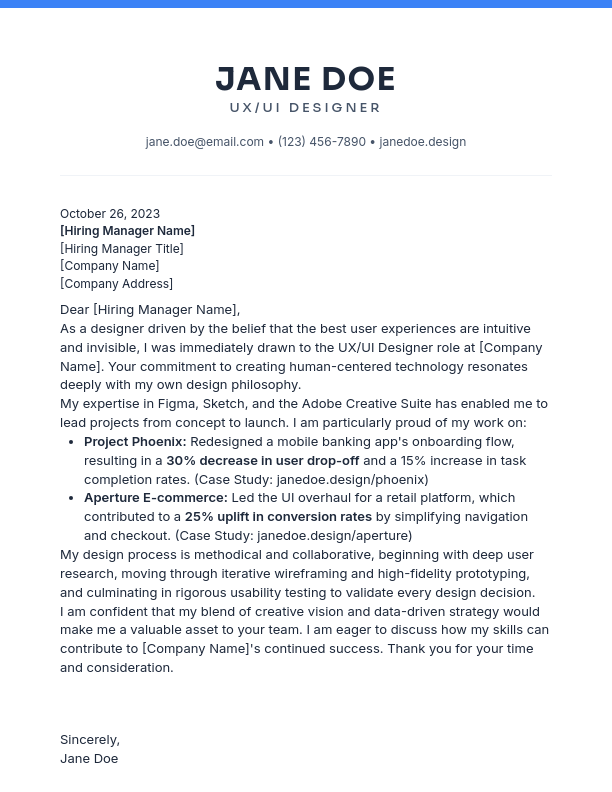 Portfolio-Linked UX/UI Designer Cover Letter